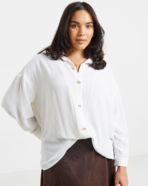 New In - Simply Be Ivory Bow Button Shirt