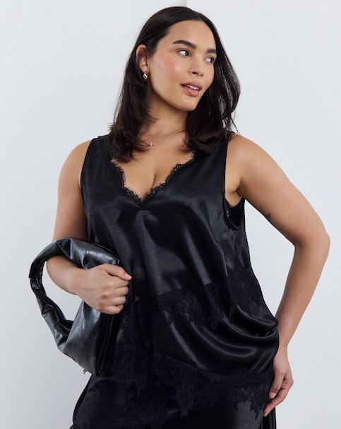 New In - Simply Be Black Satin Lace Cami