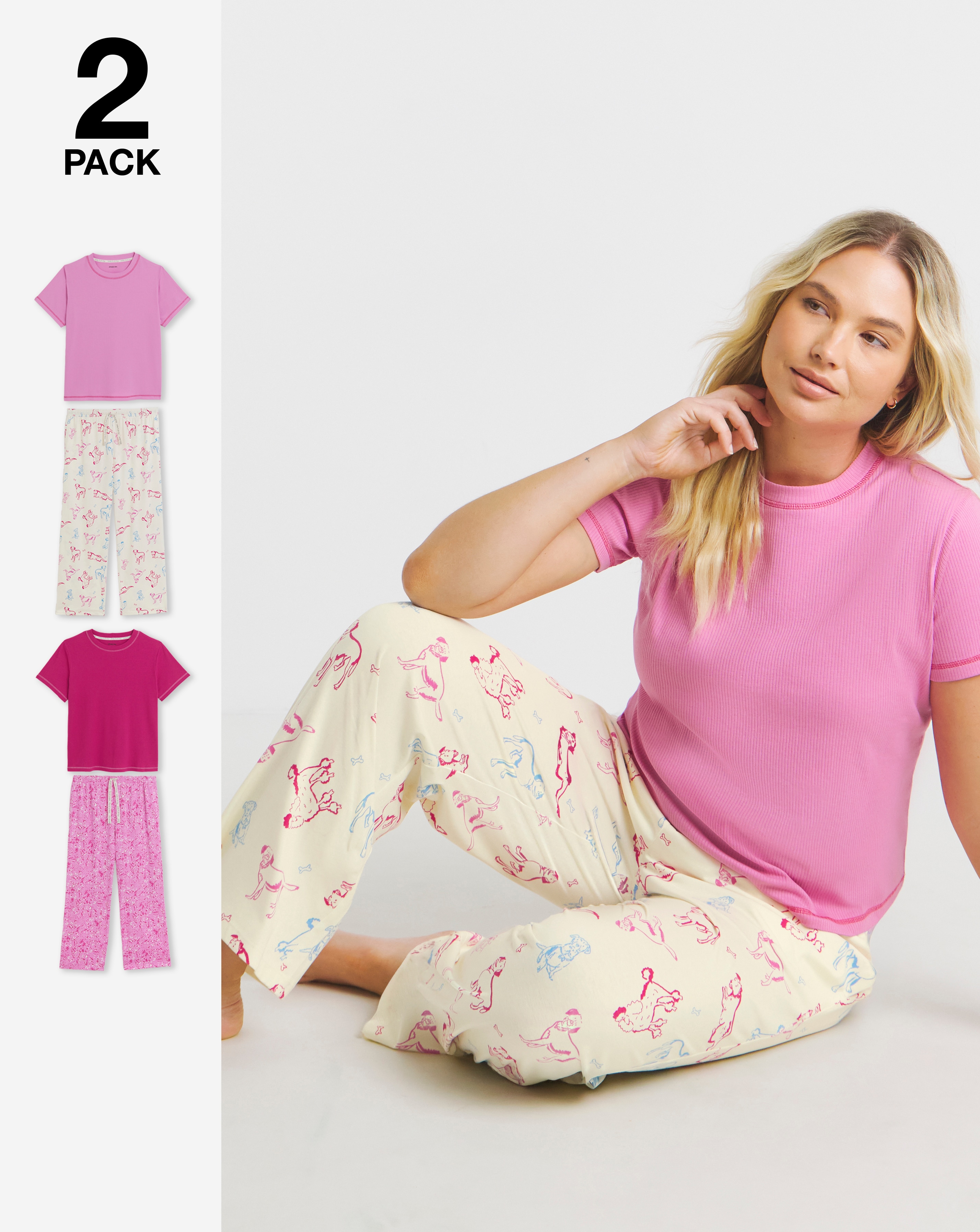 Simply Be 2 Pack T-Shirt Ribbed PJ Sets