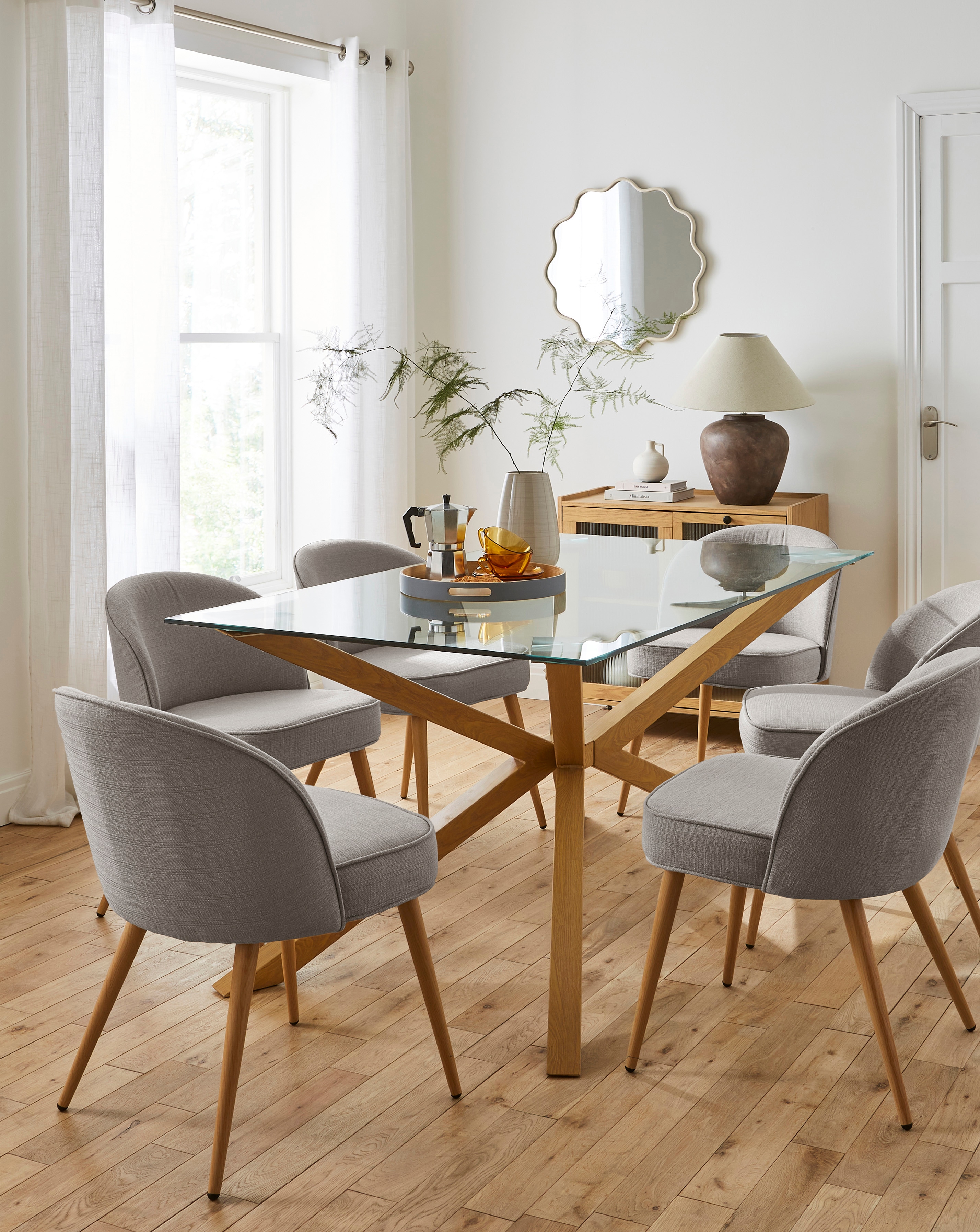 Bodie Oak Table & 6 Emilie Fabric Chairs