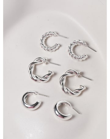 Mood Silver Polished Twist Hoop Earrings - Pack of 3