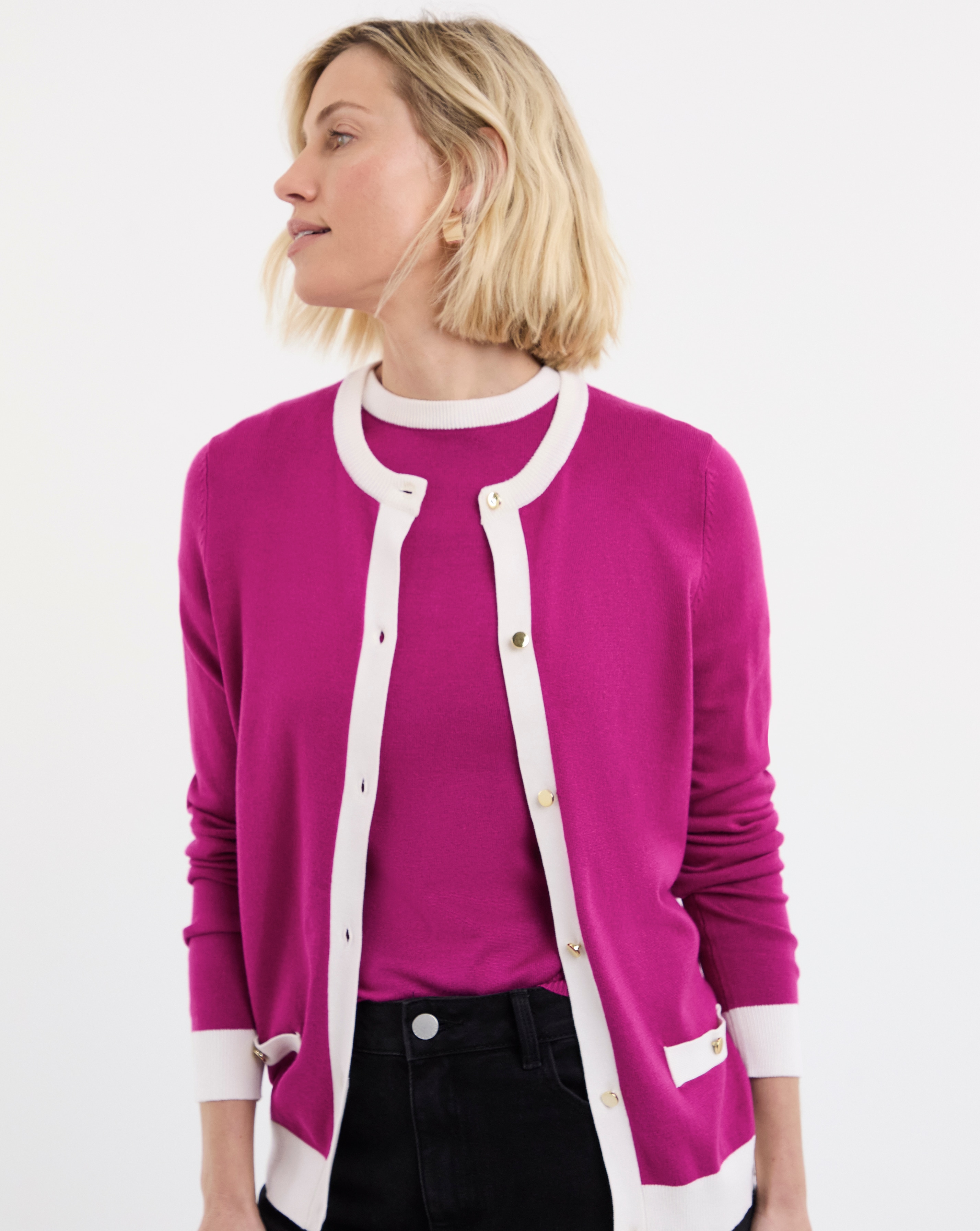 New In - Contrast Tipping Crew Neck Cardigan
