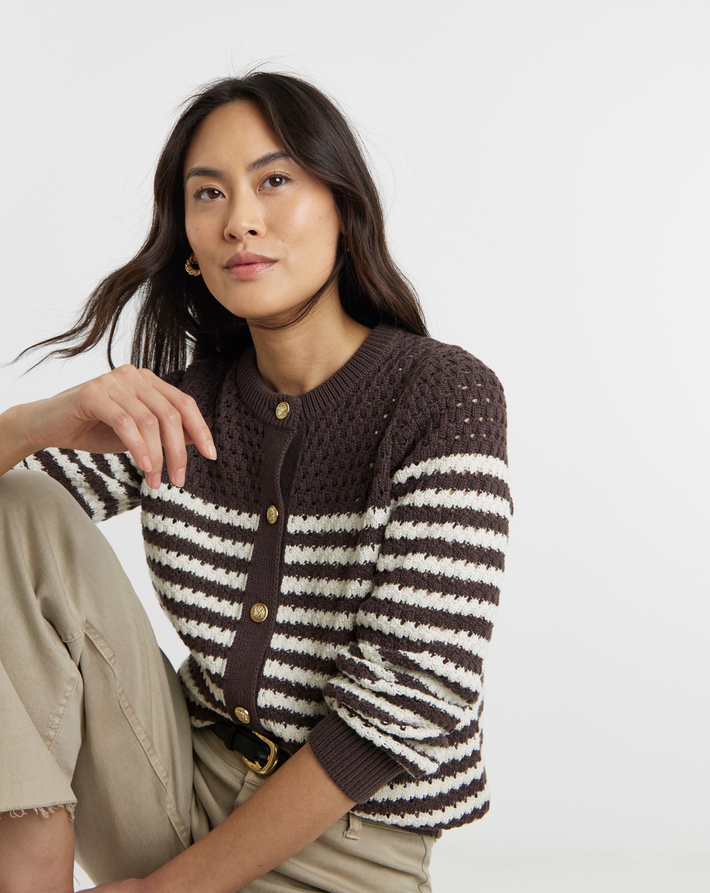 Pure Cotton Striped Open Stitch Cardigan