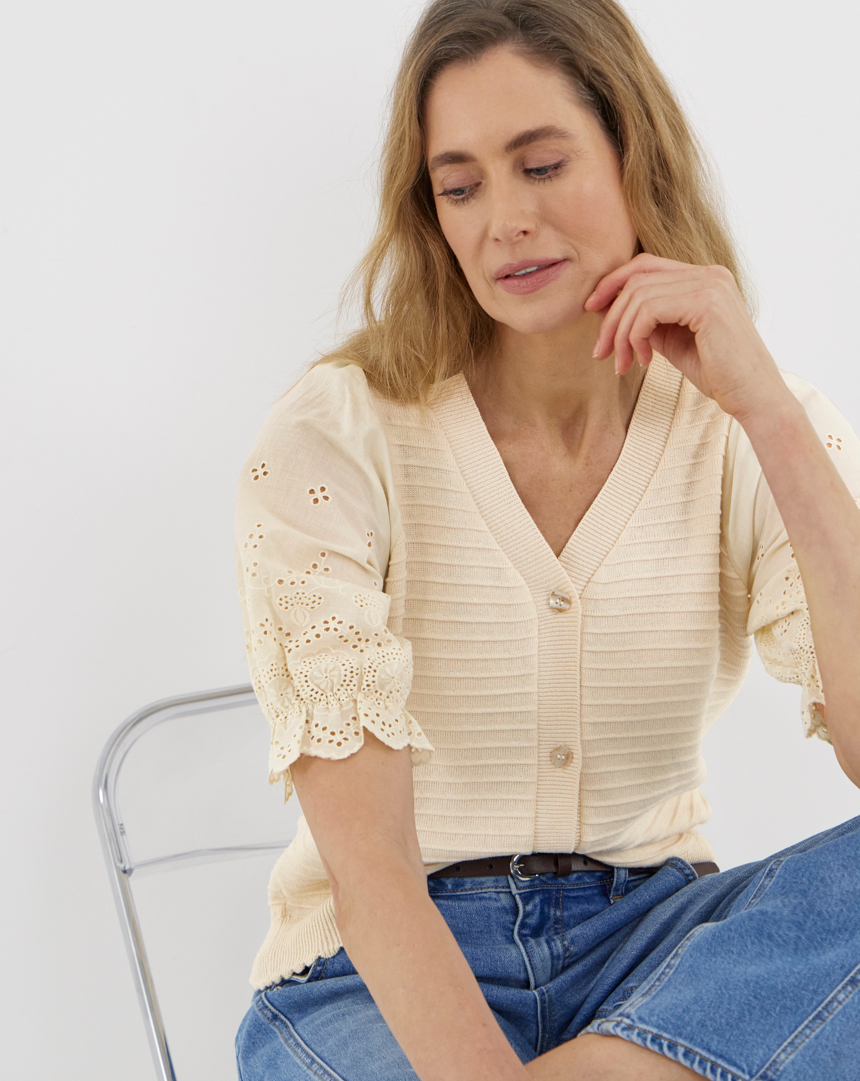 New In - Woven Sleeve Knitted Cardigan