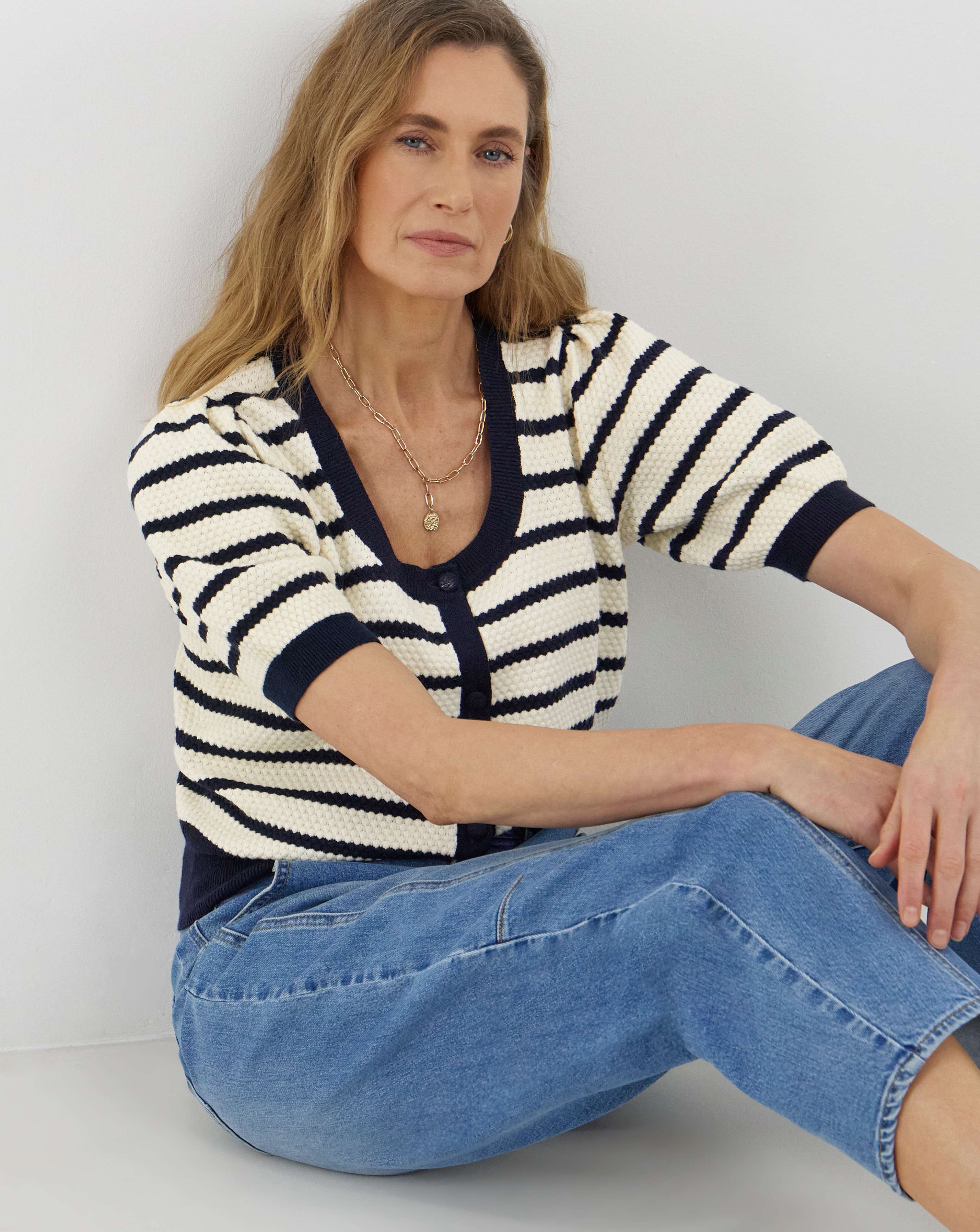 New In - Textured Stripe Short Sleeve Cardigan