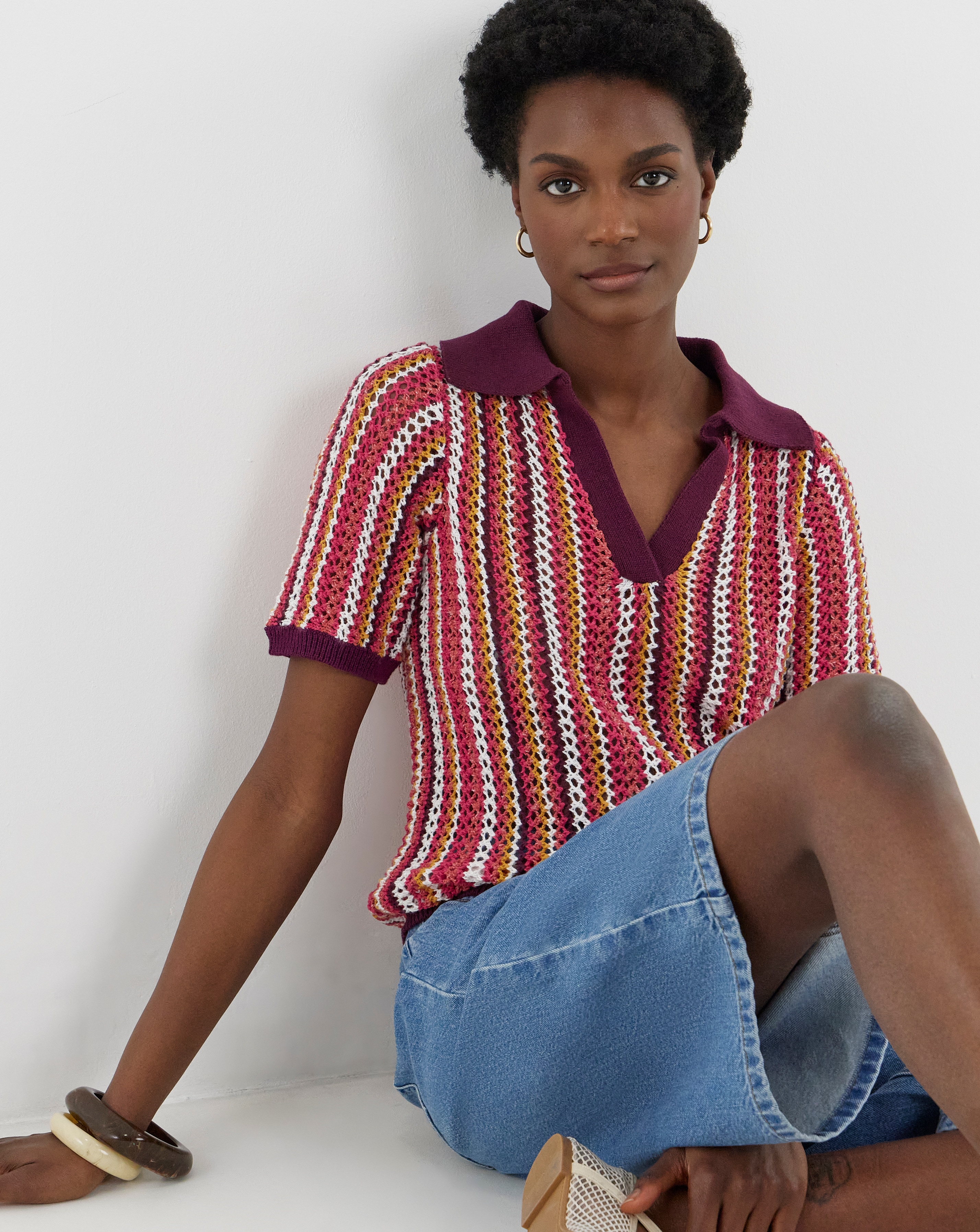 Crochet Stripe Knitted Short Sleeve Polo