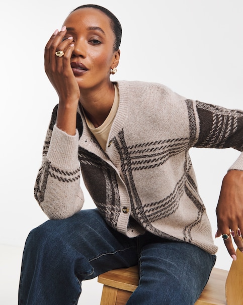 New In - Check Crew Neck Cardigan