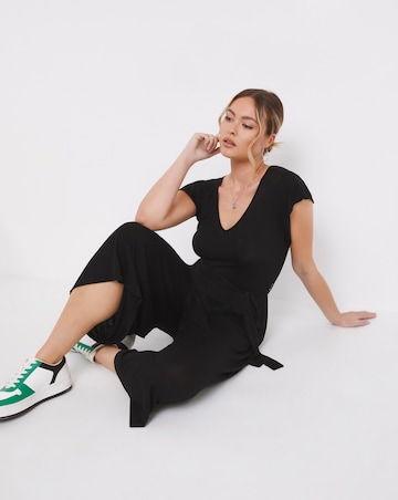 Black Frill Sleeve Jersey Wide Leg Culotte Jumpsuit with Tie Belt