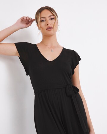 Black Frill Sleeve Jersey Wide Leg Culotte Jumpsuit with Tie Belt