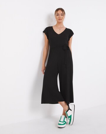 Black Frill Sleeve Jersey Wide Leg Culotte Jumpsuit with Tie Belt