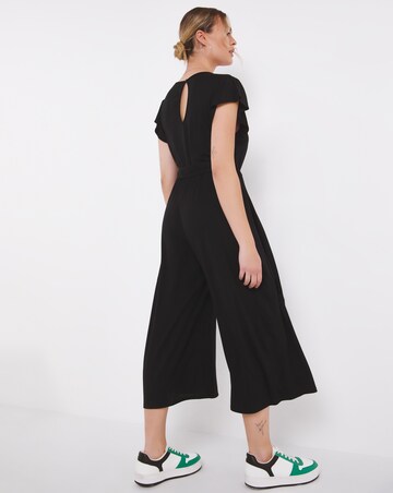 Black Frill Sleeve Jersey Wide Leg Culotte Jumpsuit with Tie Belt