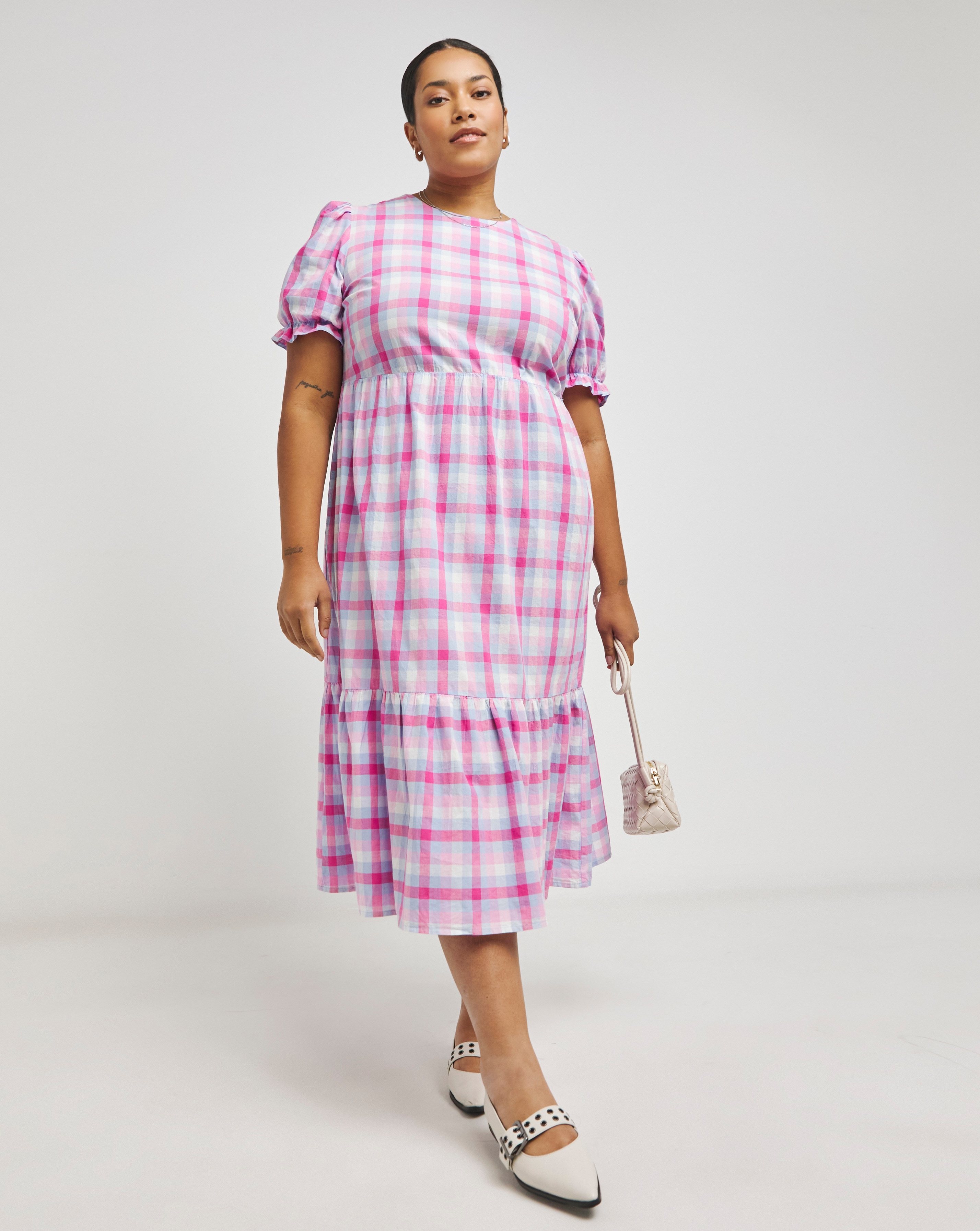 Pink Check Tiered Midi Dress