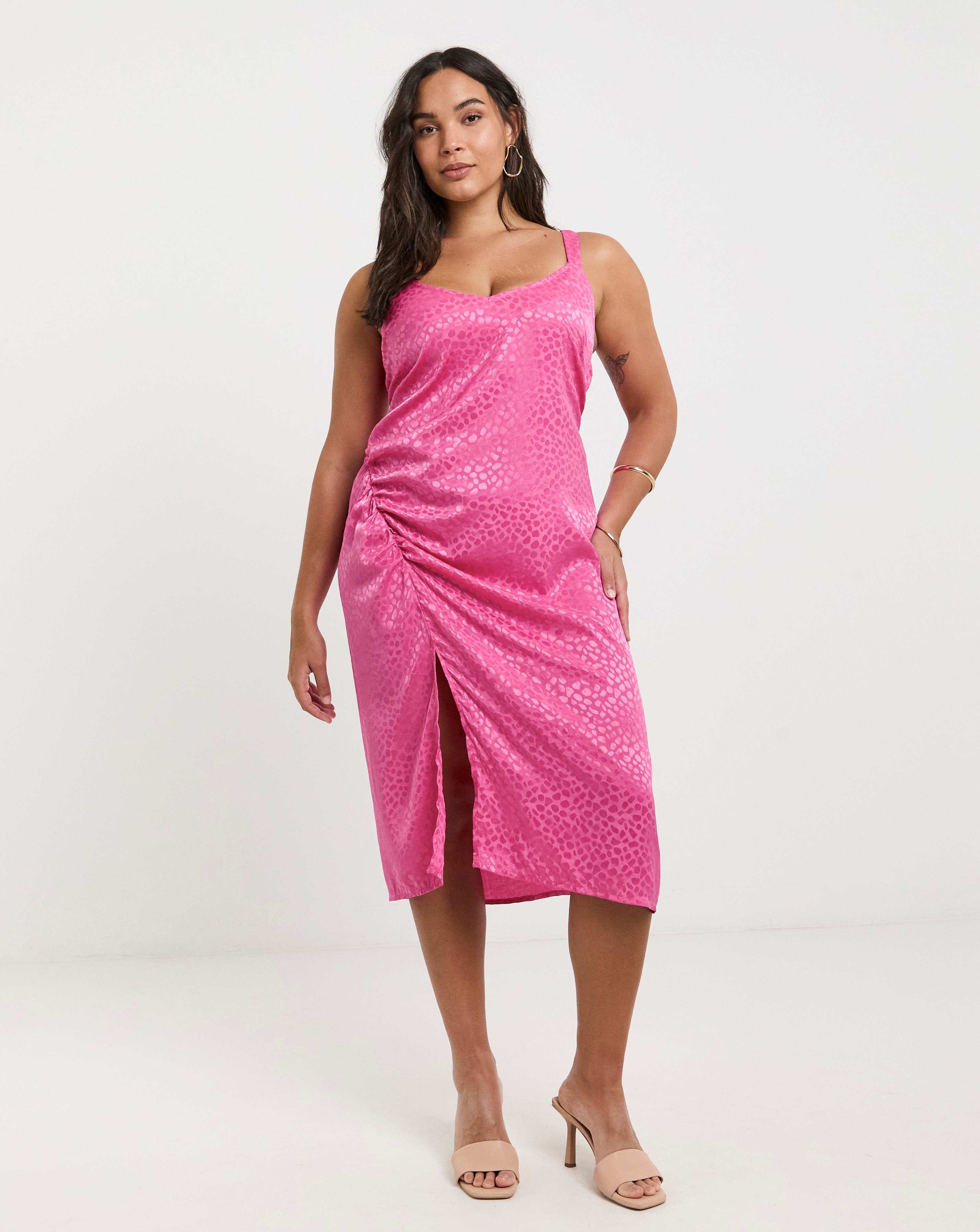 Pink Satin Jacquard Ruched Slip Dress