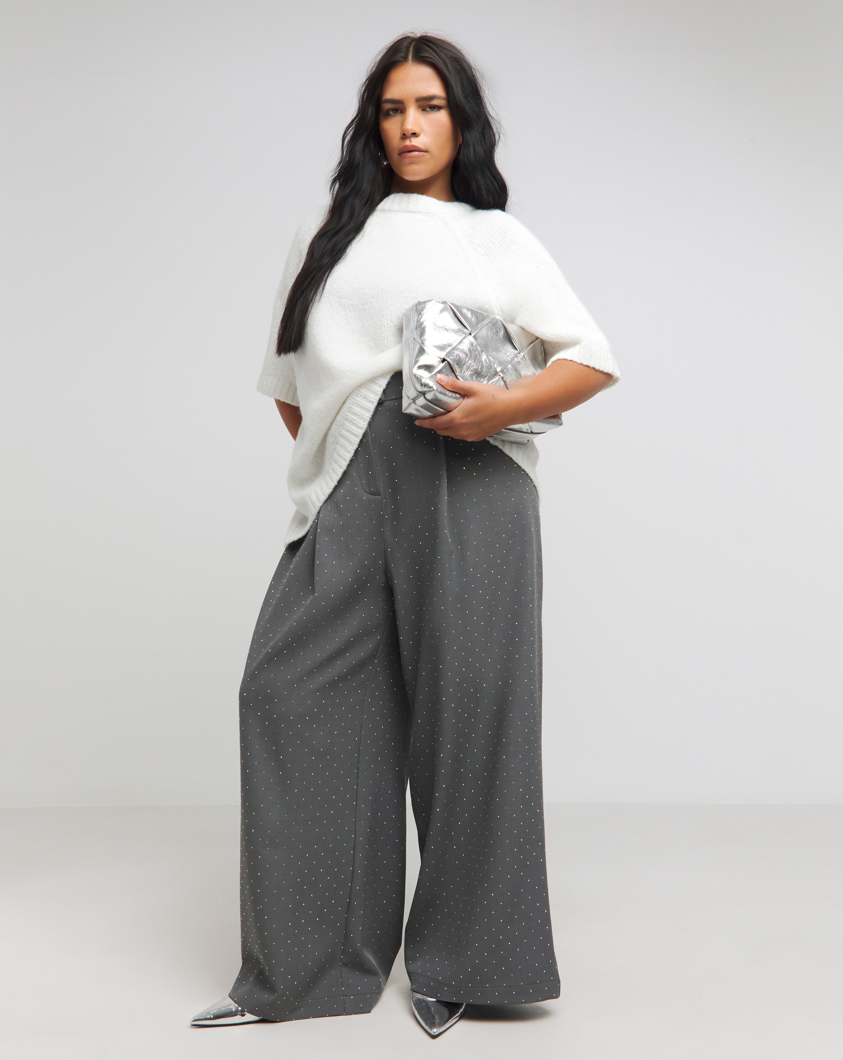 Grey Diamante Wide Leg Trousers