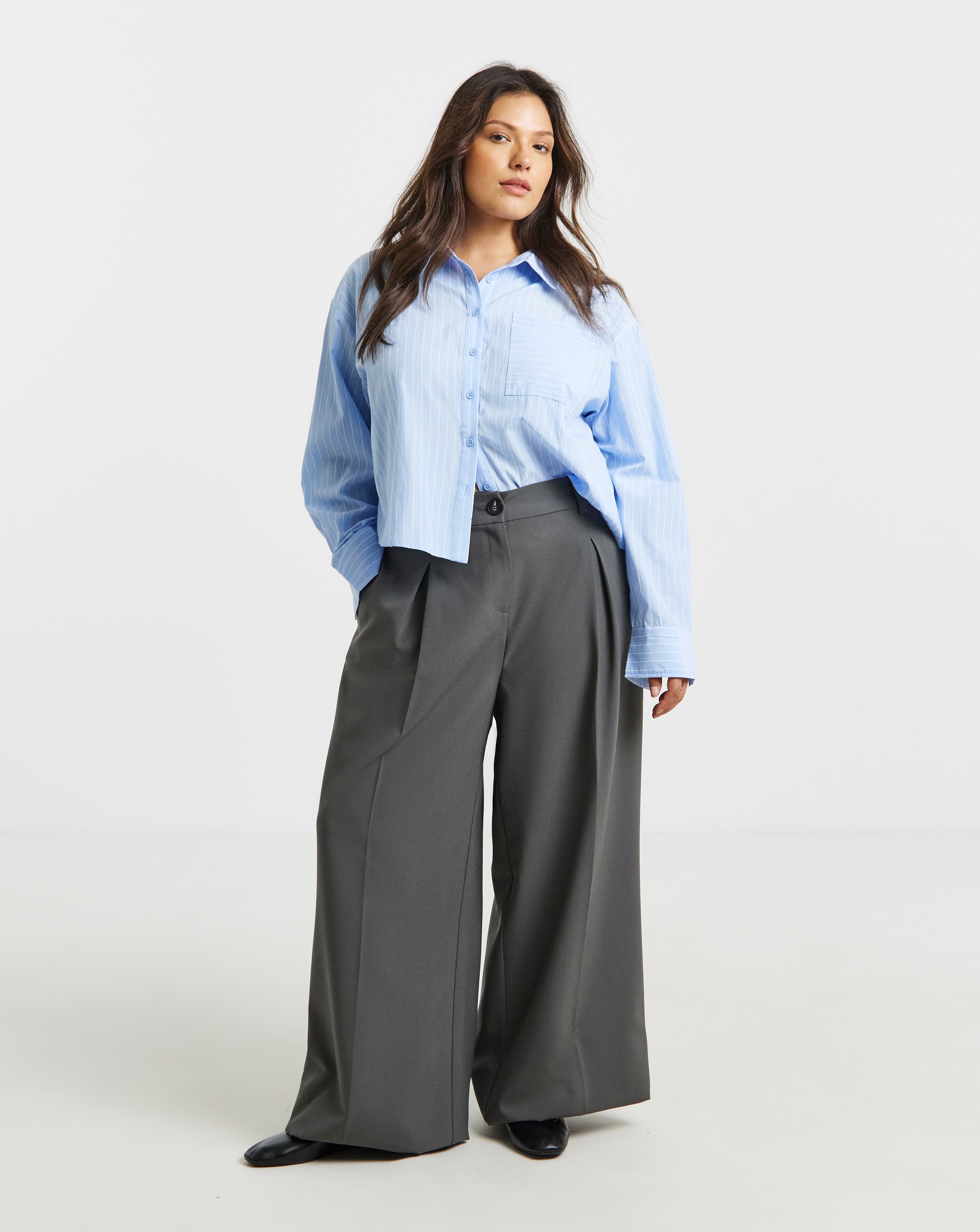 Elastic Back Pleated Wide Leg Trousers