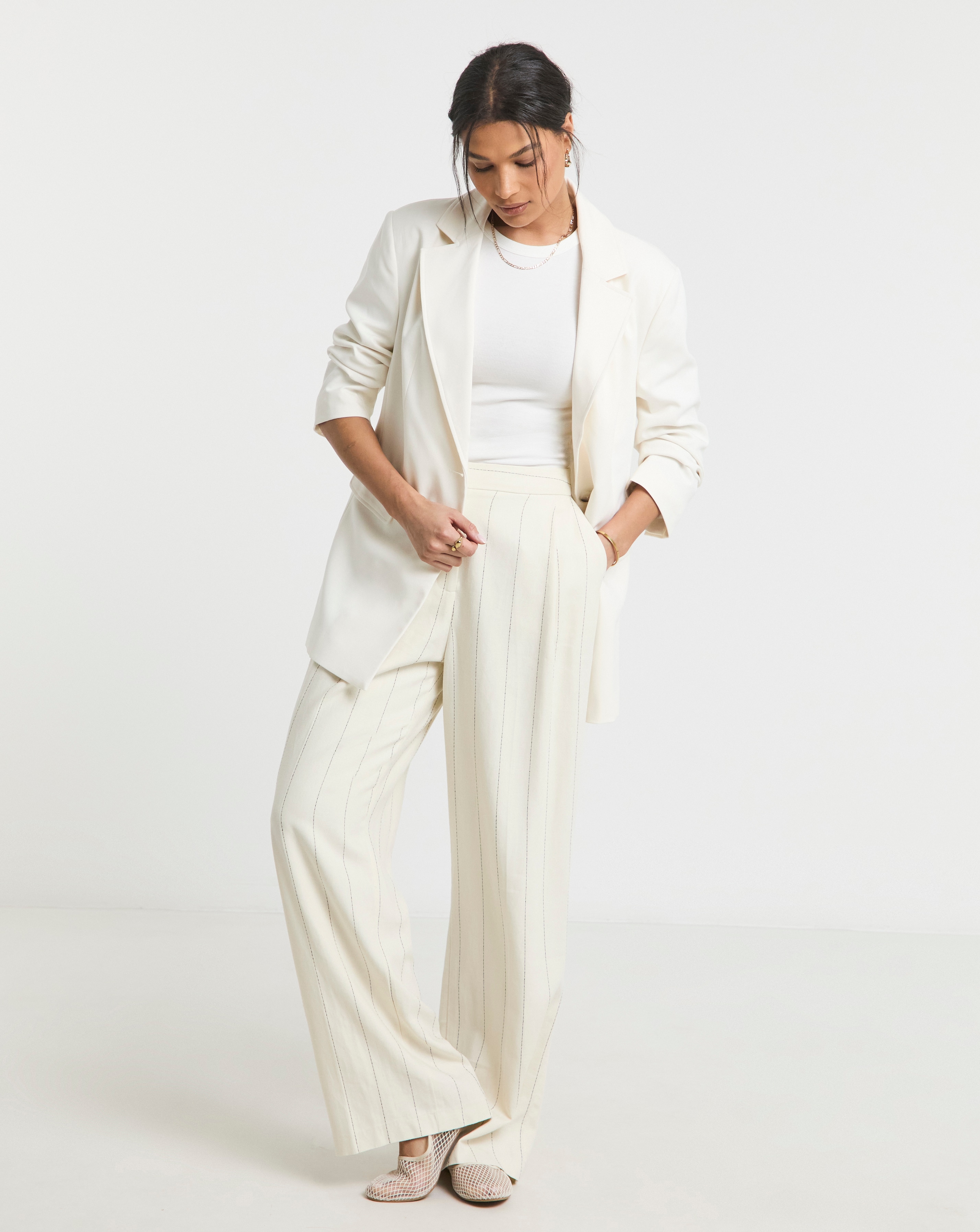 Pinstripe Linen Blend Wide Leg Trouser