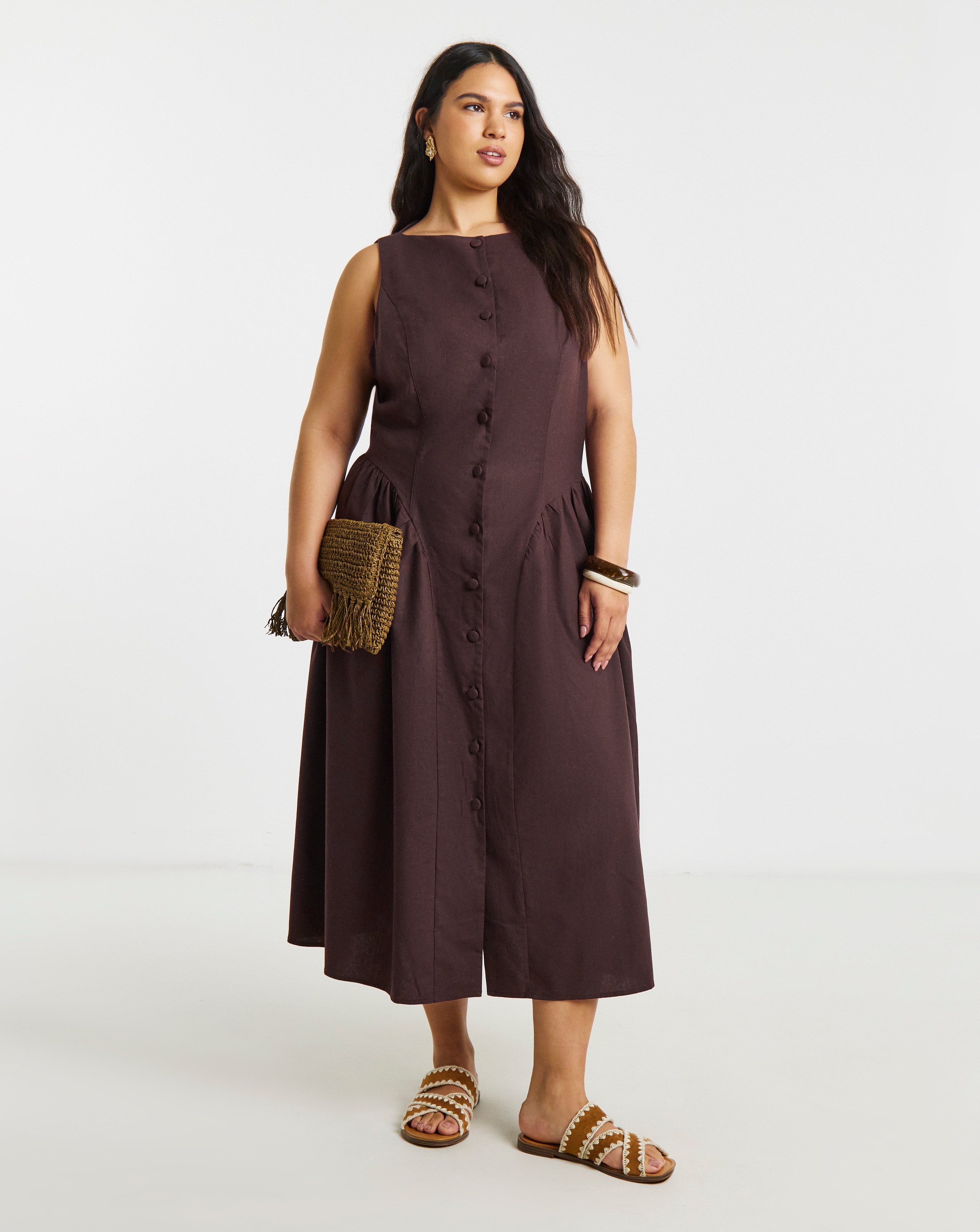 Linen Boat Neck Midi Dress