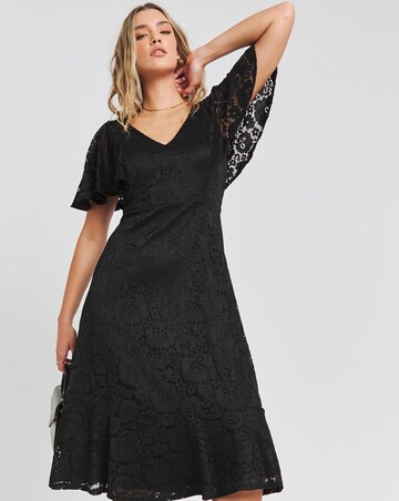 Joanna Hope Black Angel Sleeve Stretch Lace Midi Dress | Fashion World