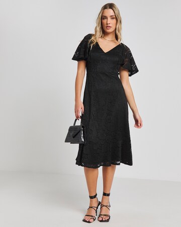 Joanna Hope Black Angel Sleeve Stretch Lace Midi Dress | Fashion World