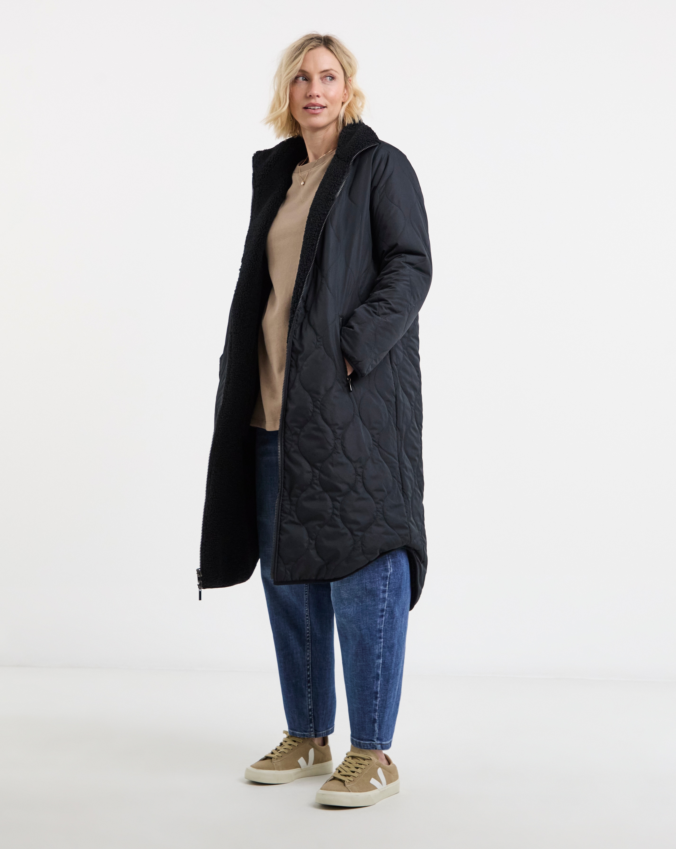 Navy Reversible Borg Quilted Coat