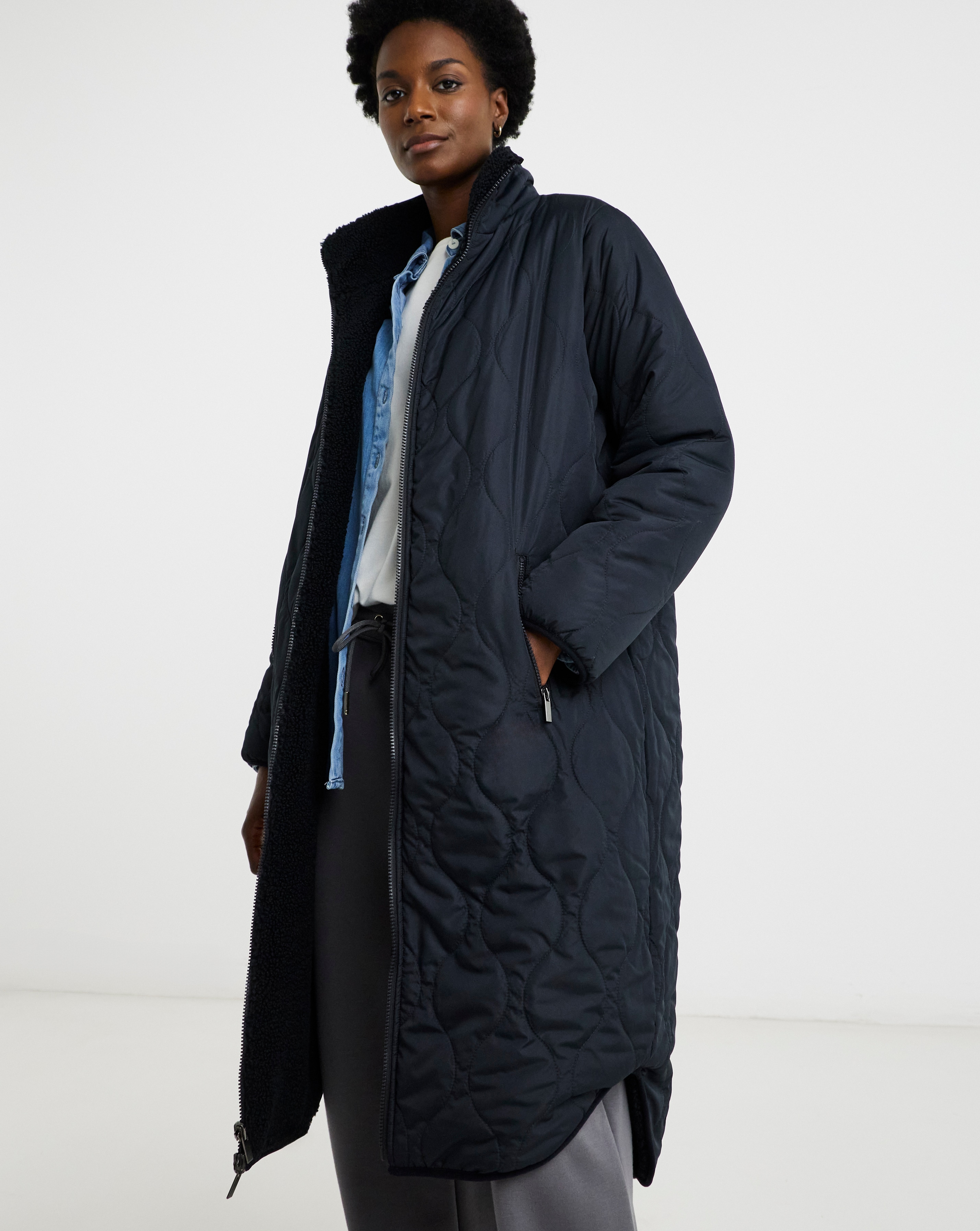 Navy Reversible Borg Quilted Coat