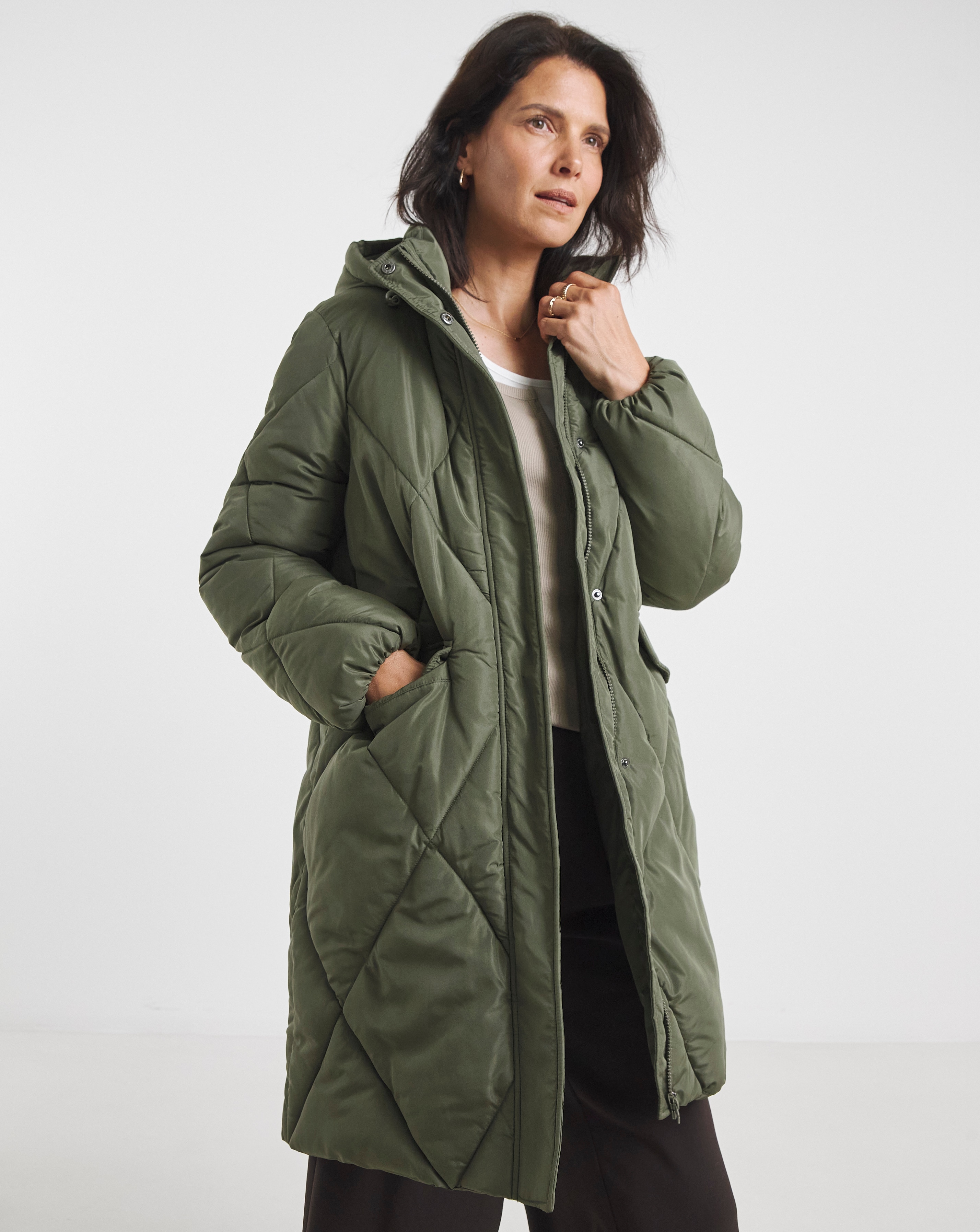 Khaki Mid Length Quilted Coat