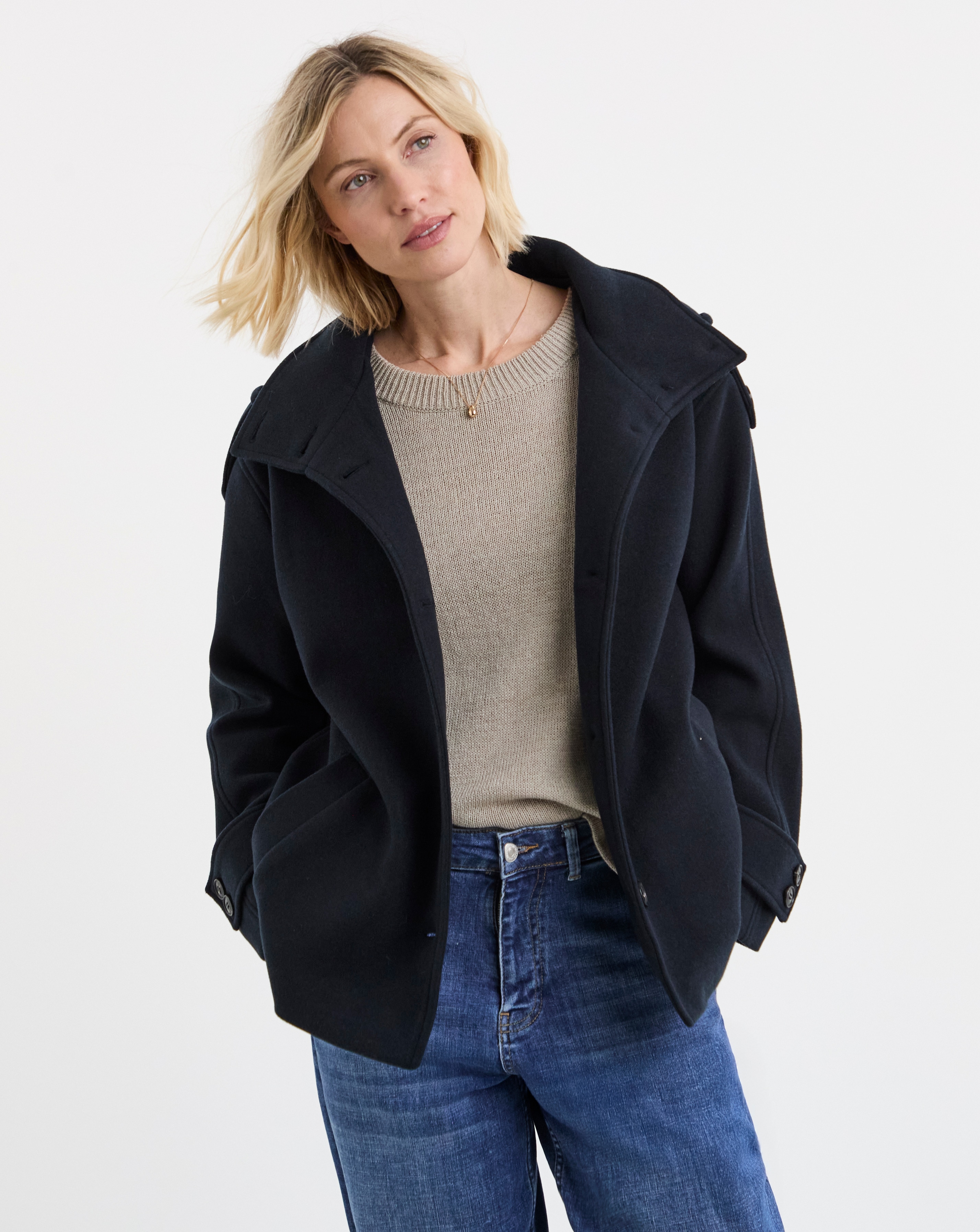 Navy Funnel Neck Short Jacket