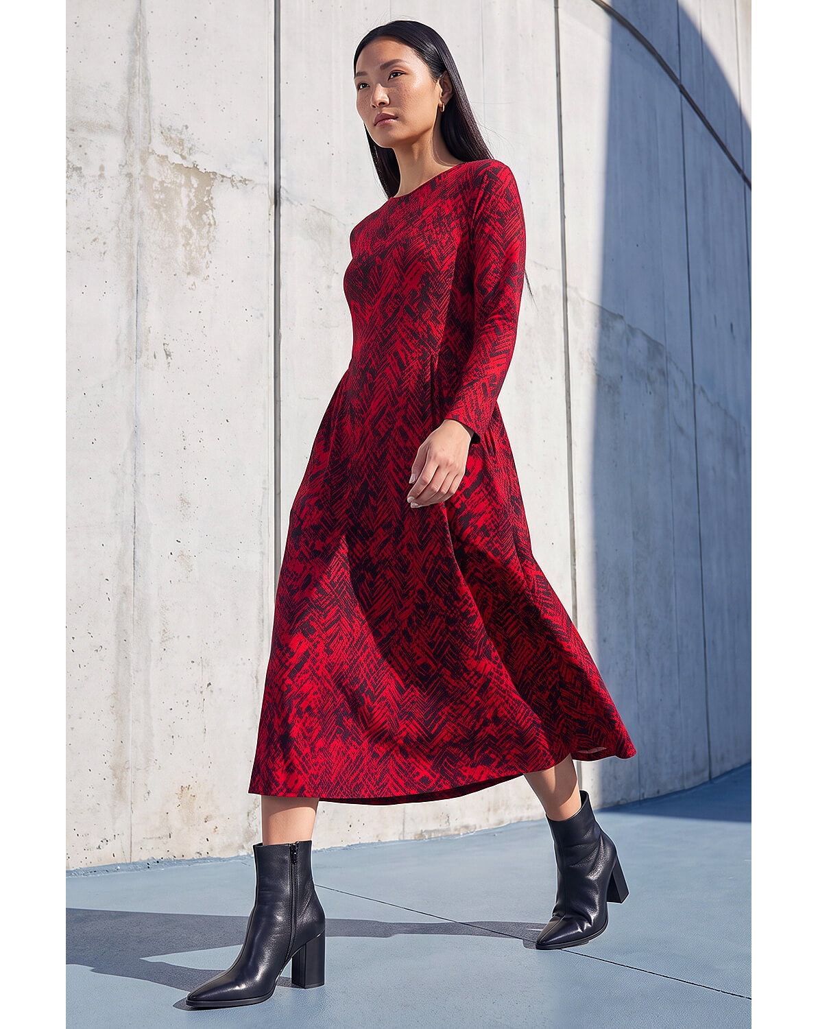Roman Abstract Side Ruched Midi Dress