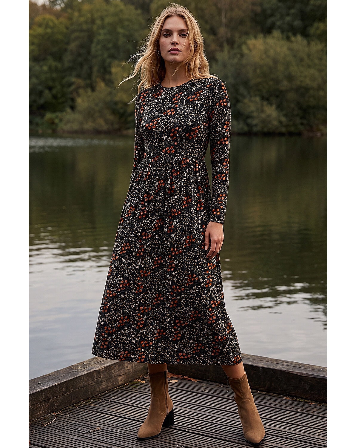 Roman Ditsy Floral Gathered Midi Dress