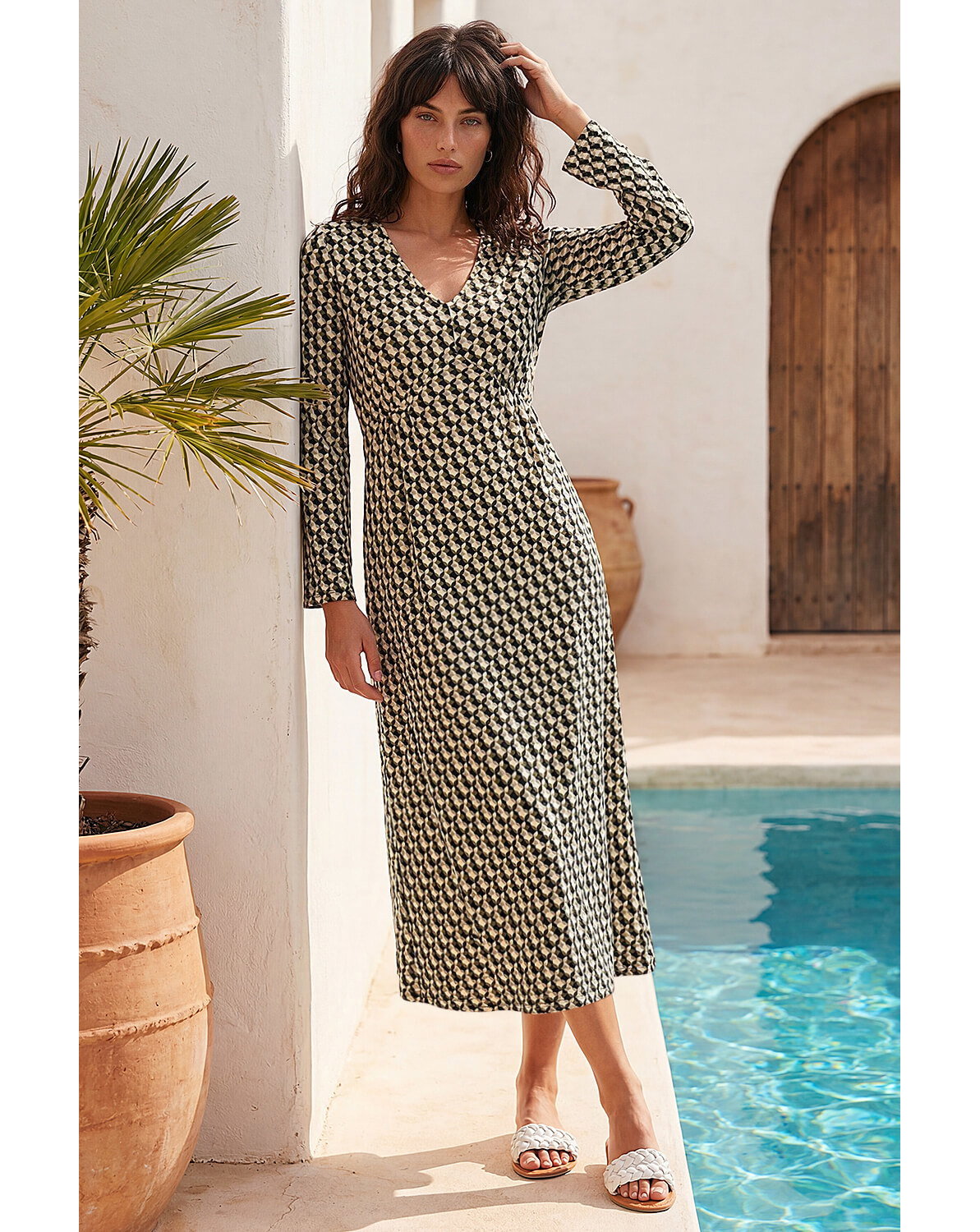 Roman Geometric V-Neck Midi Dress