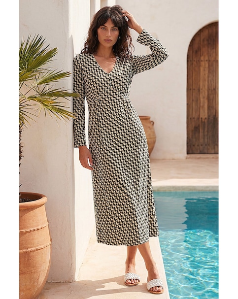 Roman Geometric V-Neck Midi Dress