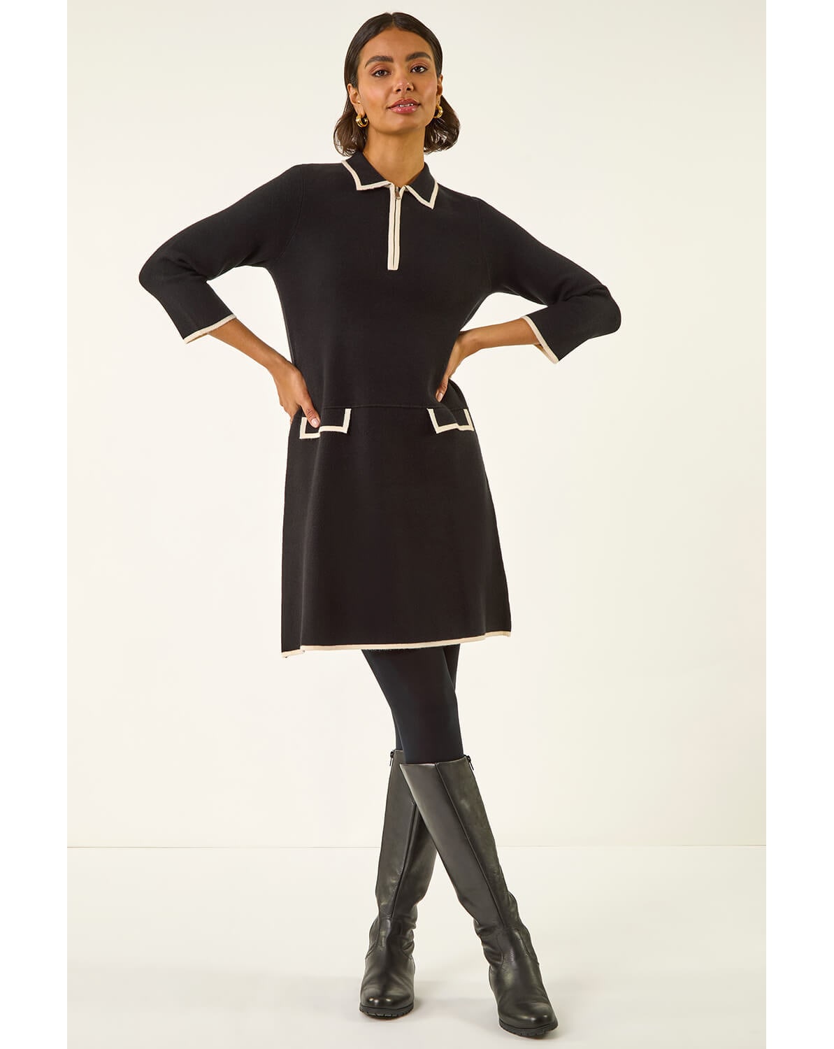 Roman Contrast Zip Collared Knit Dress