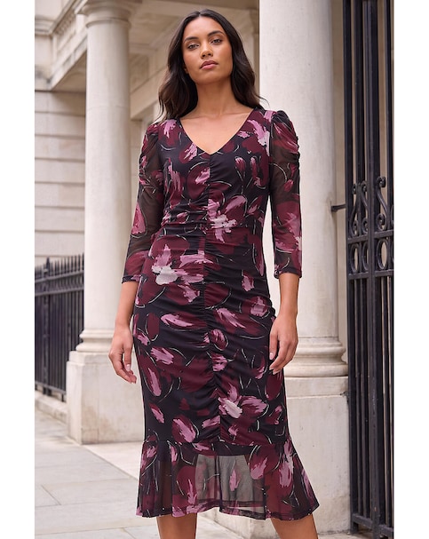 New In - Roman Ruched Floral Frill Dress