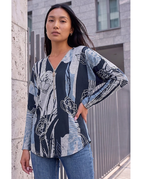 New In - Roman Floral Stretch Jersey Zip Top