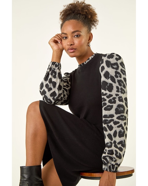 New In - Roman Animal Print Mix Frill Short Dress