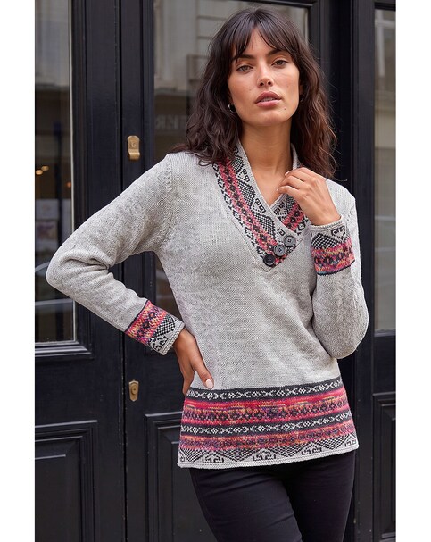 New In - Roman Nordic Button Detail V-Neck Jumper