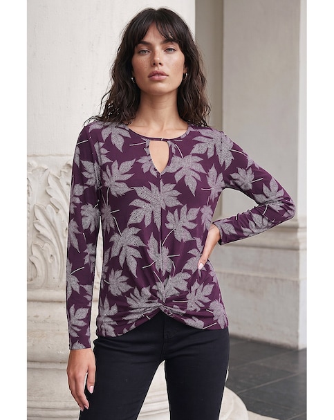 New In - Roman Leaf Print Twist Front Keyhole Top
