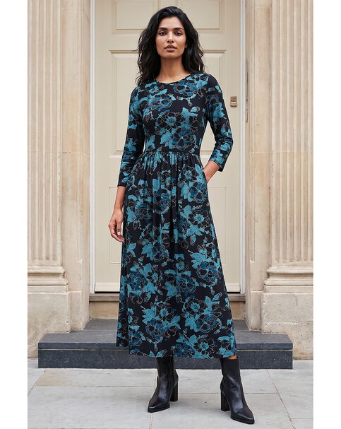 New In - Roman Floral Gathered Stretch Midi Dress
