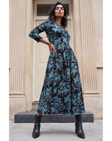 Roman Floral Gathered Stretch Midi Dress