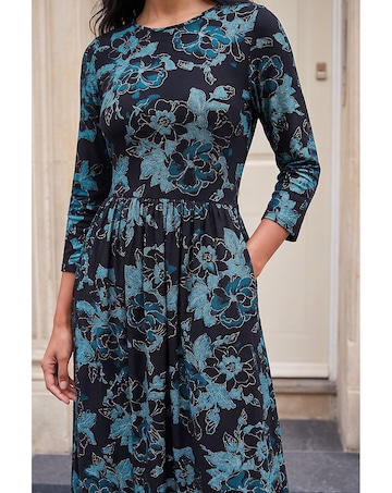 Roman Floral Gathered Stretch Midi Dress