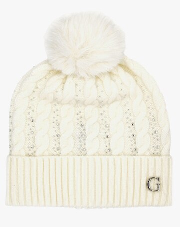 Guess Cream Knitted G Logo Diamante Pom Pom Beanie Hat