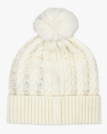 Guess Cream Knitted G Logo Diamante Pom Pom Beanie Hat