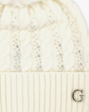 Guess Cream Knitted G Logo Diamante Pom Pom Beanie Hat