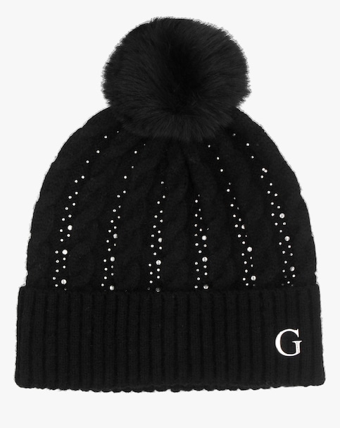 Guess Black Knitted G Logo Diamante Pom Pom Beanie Hat