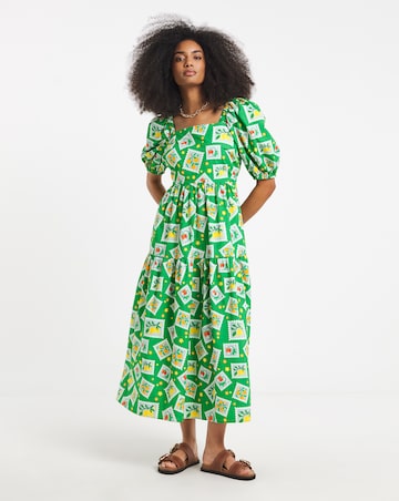 Twisted Wunder Cotton Postcard Print Midi Dress
