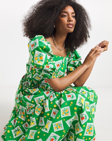 Twisted Wunder Cotton Postcard Print Midi Dress