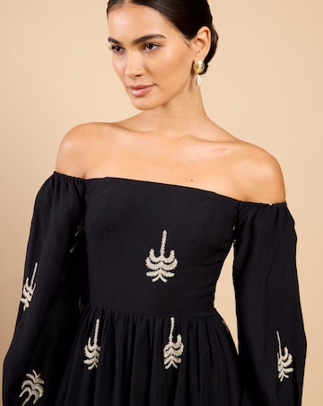 Little Mistress Black Embroidered Bardot Midaxi Dress