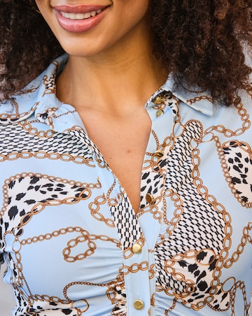 Sosandar Blue Wow Print Ruched Front Midi Dress