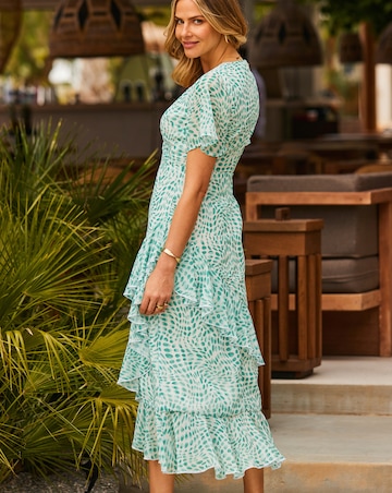 Sosandar Green Fleck Print Chiffon Ruffle Skirt Midi Dress