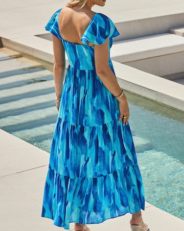 Sosandar Blue Abstract Print Crinkle Square Neck Maxi Dress